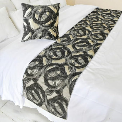 The HomeCentric King/Queen/Twin Black Designer King 90"x18" Bed Runner Without Pillow Cover, Circle, Rings, Quilted Bed Scarf on Jacquard Fabric - Circlewise