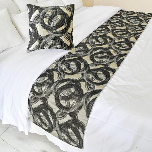 The HomeCentric King/Queen/Twin Black Designer Full 68"x18" Bed Runner with 2 Pillow Cover, Circle, Rings, Quilted Bed Scarf on Jacquard Fabric - Circlewise