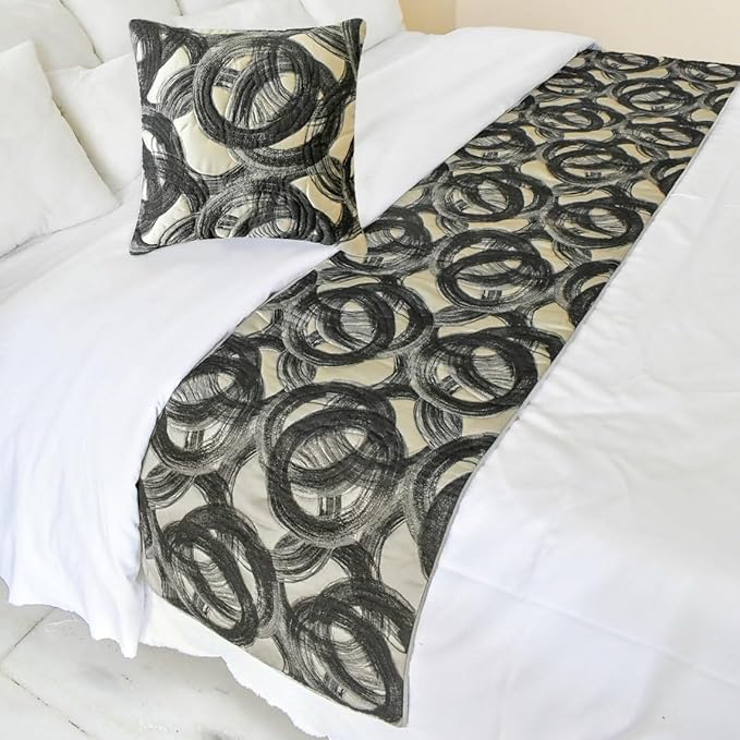The HomeCentric King/Queen/Twin Black Decorative Full 68"x18" Bed Runner Without Pillow Cover, Circle, Rings, Quilted Bed Scarf on Jacquard Fabric - Circlewise