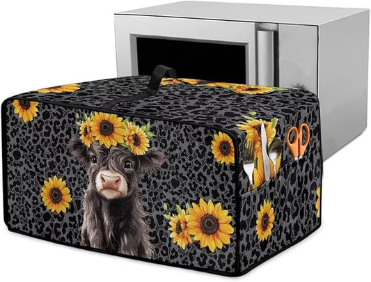 Air Fryer Toaster Oven Dust Cover with Storage Pockets, Stain-resistant Countertop Convection Oven Cover Kitchen Appliance Decor, L, Highland Cow Sunflower Dark Gray