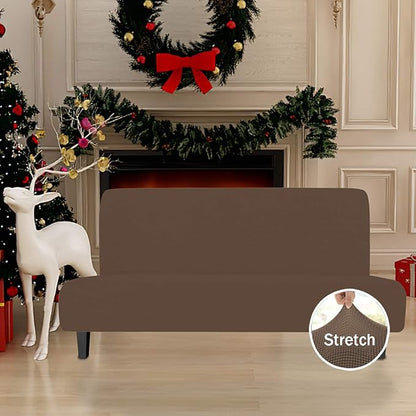 Easy-Going Stretch Futon Slipcover Armless Futon Bed Cover Furniture Protector Without Armrests with Elastic Bottom for Kids, Soft Jacquard Fabric Small Checks (Large, Brown)