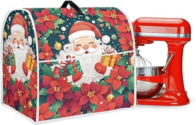 Santa Claus Stand Mixer Cover Dust Protective Poinsettia Stand Mixer Covers For Kitchen Aid 6-8 Quart Mixers Dustproof Cloth Cover for Small Appliance Protector Gift for Holiday