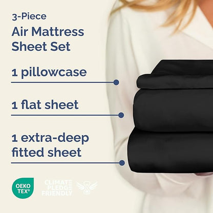 Air Mattress Sheet Set for Twin Size - 3 Piece Breathable & Cooling Sheets w/Extra Deep Pockets - Fits Inflatable & Blow Up Air Mattresses Up to 24 Inches Thick - Ultra Soft & Wrinkle Free - Black