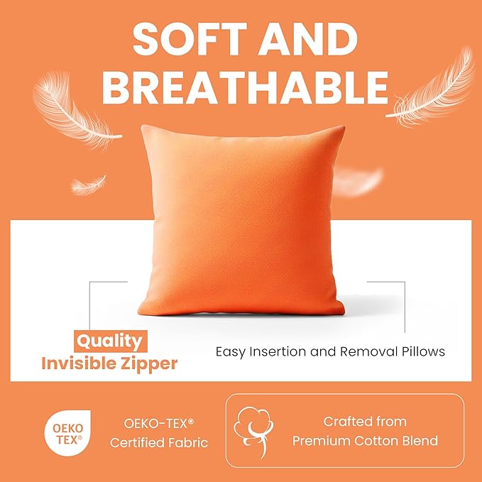 Haven & Glow Decorative Throw Pillow Cover – Square Cushion Case with Zipper | Modern Sofa, Couch & Bed Accent Pillow Covers for Living Room, Bedroom & Home Decor | 18 x 18 Inch – Orange – Pack of 2