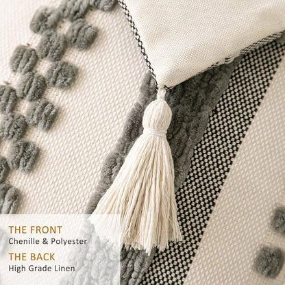 Boho Throw Pillow Covers 18x18 Set of 2 Woven Tufted Farmhouse Pillows Cover with Tassels Textured Striped Cushion Case Neutral Pillow Cases Decorative Pillowcase for Sofa Couch Bed,Gray