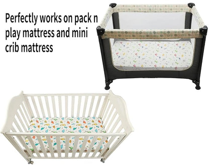 Onacosht Pack n Play Sheets 2 Pack for Baby Boy, Stretchy Jersey Knitted Portable Mini Crib Sheets Playard Mattress Cover, Dinosaur Printing