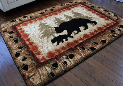 Masada Rugs, Cabin Lodge Area Rug Bear and Cub Scene (5 Feet 3 Inch X 7 Feet)