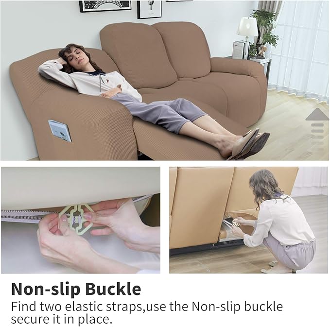 Easy-Going 6 Pieces Recliner Loveseat Stretch Sofa Slipcover Sofa Cover Furniture Protector Couch Soft with Elastic Bottom Kids, Spandex Jacquard Fabric Small Checks Camel