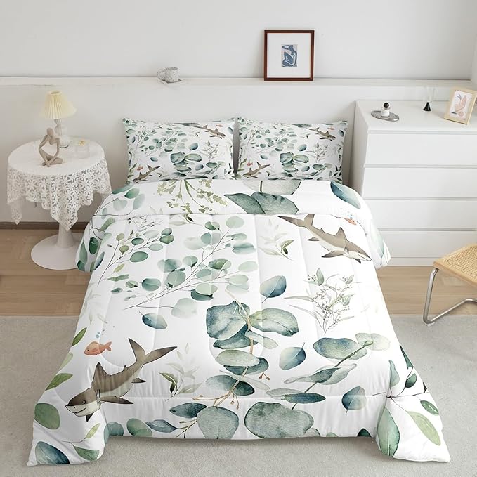 Erosebridal Girls Kawaii Animal Queen Bedding Sets Cute Shark Comforter Set, Cartoon Wildlife Down Comforter Green Leaf Bedding Comforter Sets, Spring Plant Duvet Insert Child Kids Bedroom Decor