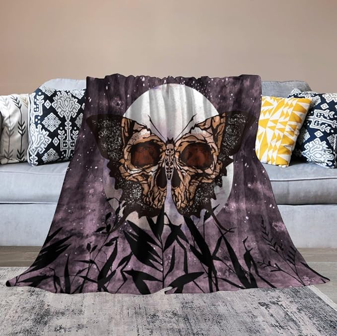 Death Moth Blanket, Boho Gothic Skull Moth Purple Starry Plant Full Moon Mysterious Witchy Throw Blanket for Couch Sofa Office Bed Travelling Bed Throws, 30"x40"