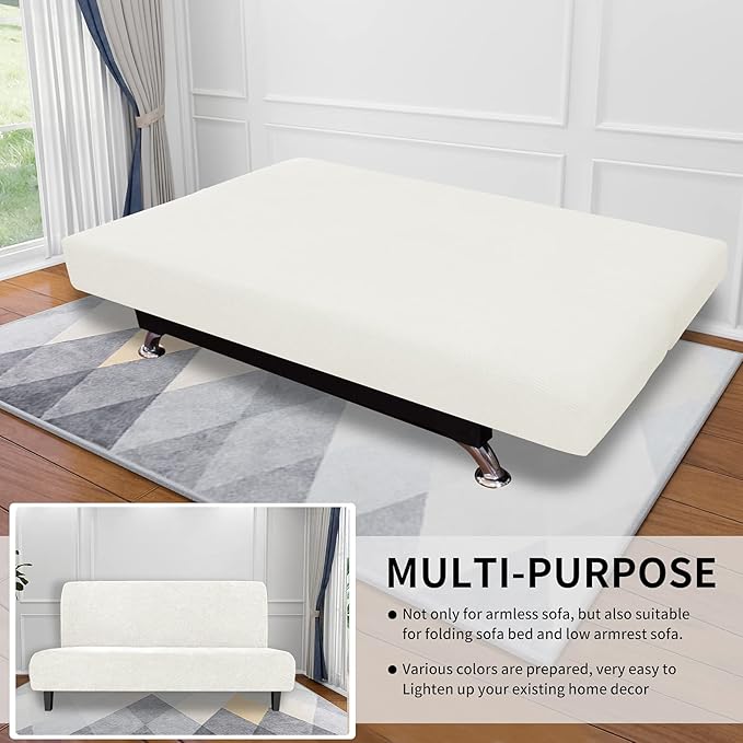 Easy-Going Stretch Futon Slipcover Armless Futon Bed Cover Furniture Protector Without Armrests with Elastic Bottom for Kids, Soft Jacquard Fabric Small Checks (Medium, Cream)