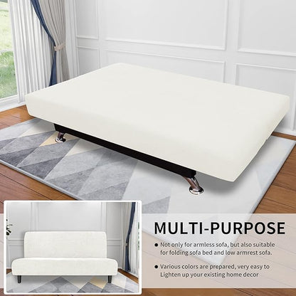 Easy-Going Stretch Futon Slipcover Armless Futon Bed Cover Furniture Protector Without Armrests with Elastic Bottom for Kids, Soft Jacquard Fabric Small Checks (Medium, Cream)