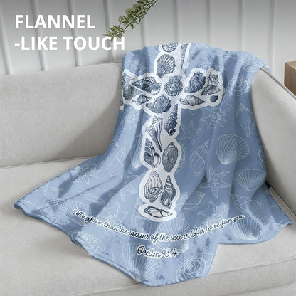 Blue Christian Blanket, Beach Seashell Cross Bible Verse Throw Blankets for Home Bedroom Living Room Couch Bed Decor, Religious Scripture Blanket, Christian Gifts for Women Men, 50x60 Inch