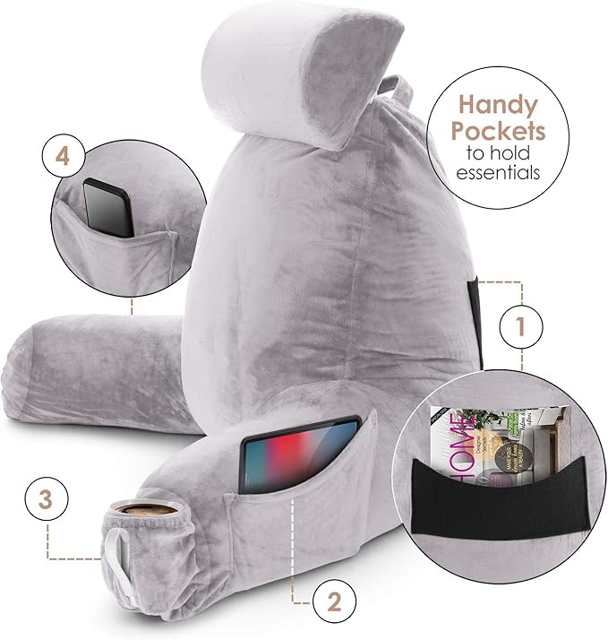Nestl Reading Pillow with Shredded Memory Foam Includes 2 Neck and Lumber Support Pillows, Designed for Sitting Up in Bed and Couch, Back and Arms Adjustable Support for Adult & Teens, Grey Lavender