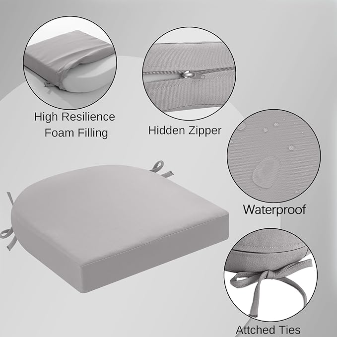 idee-home Outdoor Chair Cushions Set of 2, Thick 17" x 17" x 3" Outdoor Seat Cushion Patio Furniture Waterproof with Ties, Patio Chair Pads Dining Silver Grey