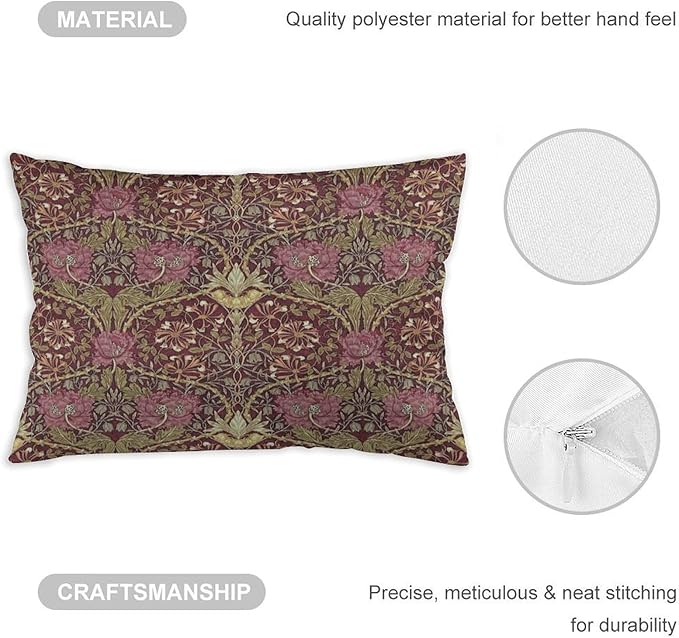 Honeysuckle Floral William Morris Throw Pillow Covers 12x20 Inch Aesthetic Pillow Velvet Decorative Pillowcase Home Decor Living Room Cushion Case for Bed Sofa Couch