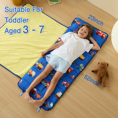 beeweed Toddler Nap Mat, Rollup Design Kid Sleeping Mat with Removable Pillow & Minky Blanket, Toddler Sleeping Bag for Daycare Preschool Travel Camping