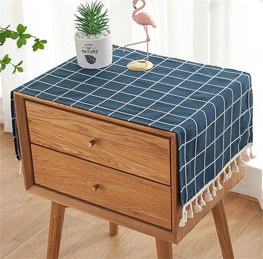 Simple Bedside Table Tassel Cover Cloth, Tablecloth Cover Towel, Suitable for Bedside Table TV Microwave Washing Machine Refrigerator Dust Cover (Blue and White Stripes, 15.7 * 35.4 inches)