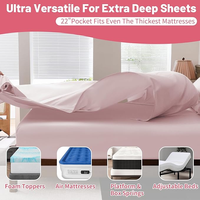 Extra Deep Pocket Queen Sheets 18-24 Inch 100% Egyptian Cotton 1000 Thread Count Sateen Weave Soft Breathable 4 Pieces（Queen,Light Pink）