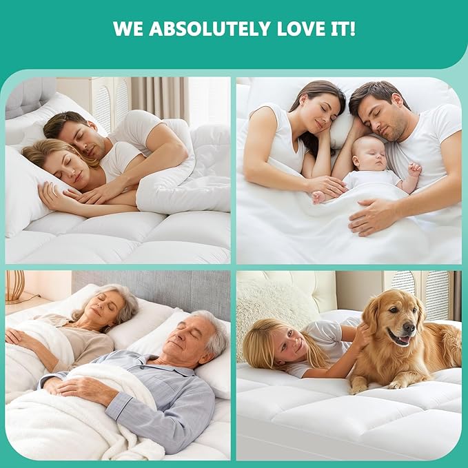 Full XL Mattress Topper - Extra Thick Mattress Pad Cover - Pillow Top with Soft Breathable Spiral Fiber Filling, 8-21 Inch Deep Pocket, Cooling, White