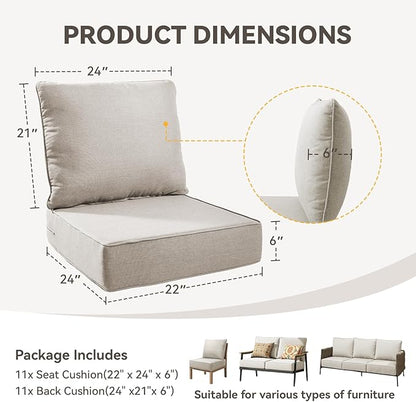 Outdoor Cushion Set for Furniture Patio Furniture, UV Resistant, Water Resistant - 6 Inch Thick Foam Garden Cushions – 22x24 Inch Patio Seat Covers for Chair/Sofa/Couch | Beige | 11-Pack |