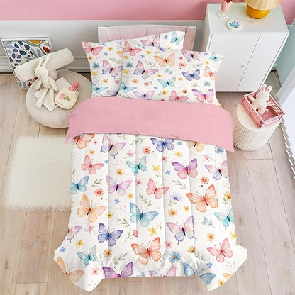 SANDJEST Butterfly Duvet Cover Sets Full Size for Kids Girls, Incude 1 Polyester Comforter Cover 80x90 Inches and 2 Pillowcases 20x26 Inches, Comforter Not Included, Gift for Christmas Birthday