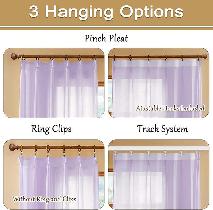 80 Inch Length Light Purple Pinch Pleat Sheer Curtains Lightweight Light Filtering Pleated Drapes with Adjustable Hooks for Dining Room Patio Door, Pastel Lilac, 42" W x 80" L, 2 Panels