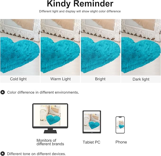 uxcell Heart Shaped Rugs for Bedroom,Small Aesthetic Carpet Girls,Cute Shaggy Floor Mirror Mat,Pastel Furry Throw Rug 2.3ftx3ft, Blue