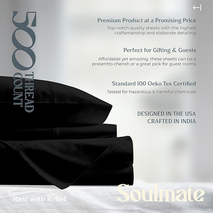 Mayfair Linen 500 Thread Count Twin XL Cotton Sheets - 3 PC Twin XL Size Bed Sheet Set Cotton (Black), Soft, Cooling, Sateen Hotel-Quality 16" Deep Pocket Bedsheet for Hot Sleepers (Fits 18" Mattress)