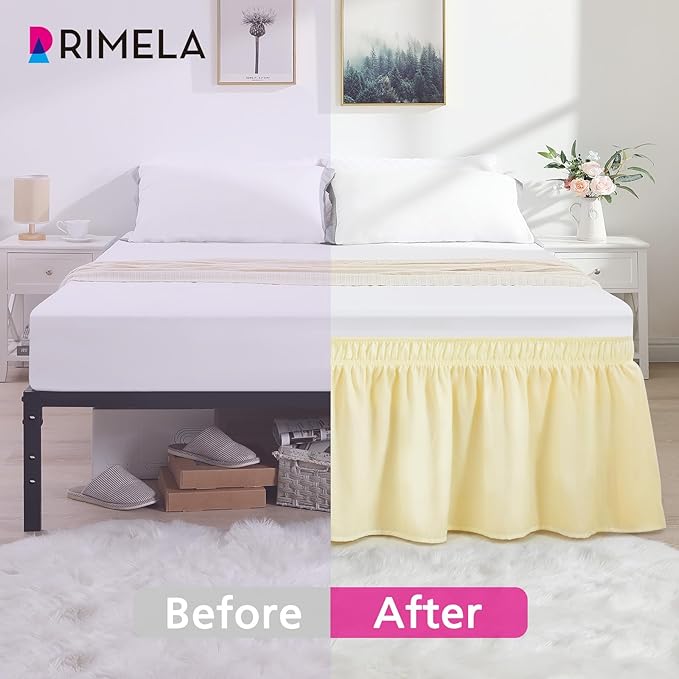 RIMELA Bed Skirt Queen Size 14 Inch Drop, Wrap Around Elastic Bedskirt Solid Microfiber Luxury Hotel Quality Fabric, Easy to Install Machine Washable Wrinkle & Fade Resistant, Light Yellow