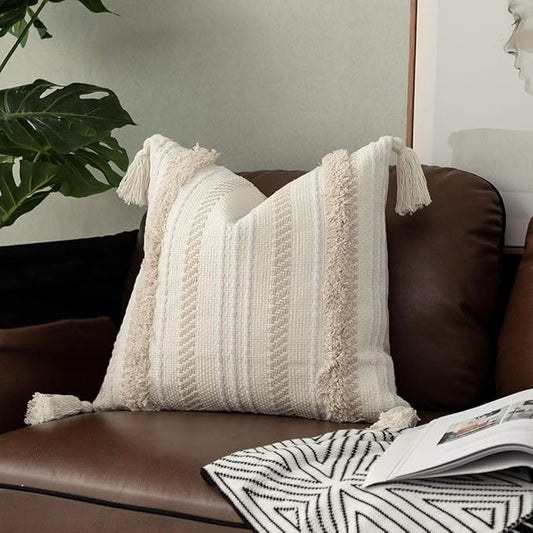 OJIA Boho Decorative Throw Pillow Cover, 20 x 20 Farmhouse Cute Pillowcase Minimalist Neutral Collection Cream White Tufted with Tassels Woven Square Cushion Cover for Sofa Couch Bedroom Living Room