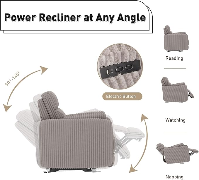 Bonzy Home Oversized Electric Recliner Chair for Adults with Extra-Wide Seat Cushion, Overstuffed Corduroy Power Recliner, Modern Round Single Sofa with 2 Pillows for Living Room, Bedroom, Grey