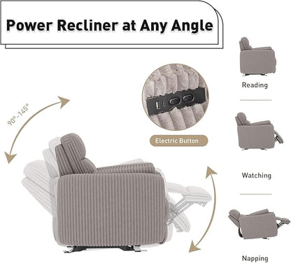 Bonzy Home Oversized Electric Recliner Chair for Adults with Extra-Wide Seat Cushion, Overstuffed Corduroy Power Recliner, Modern Round Single Sofa with 2 Pillows for Living Room, Bedroom, Grey