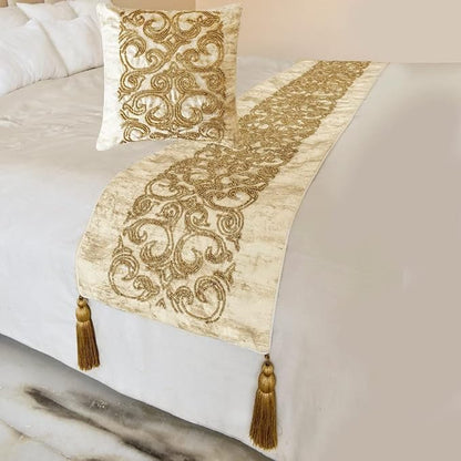 The HomeCentric King/Queen/Twin Gold Designer Queen 74"x18" Bed Runner Without Pillow Cover, Foil & Hand Beaded Embroidery Bed Scarf on Jacquard Fabric - Ornamento Oro