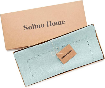 Solino Home Linen Aqua Blue Table Runner 72 Inches Long - 100% Pure Linen Hemstitch Table Runner 14 x 72 Inch for Dresser, Dining, New Year - Classic Hemstitch