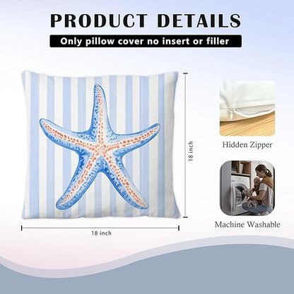 Coastal Beach Starfish Pillow Covers 18x18, Preppy Beachy Room Decor, Preppy Blue and White Striped Starfish Throw Pillow Covers for Bedroom Beach House Home