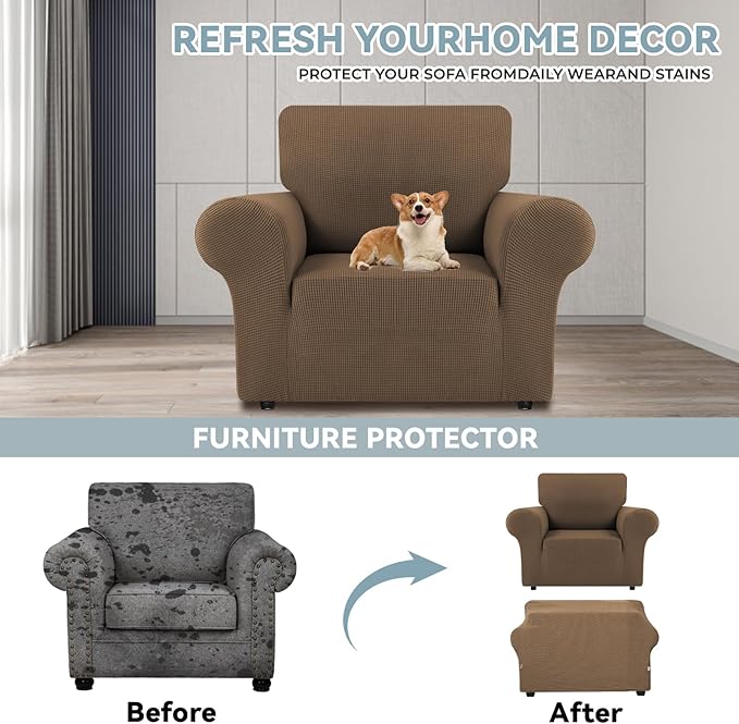 LURKA Stretch Chair Sofa Slipcovers 1 Piece Couch Covers for Sofa Furniture Protector Full Sofa Covers with Elastic Bottom for Kids and Dog (Camel, Small)