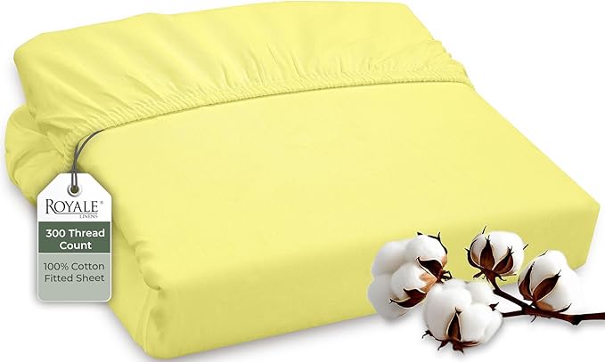 ROYALE LINENS 300 Thread Count 100% Long Staple Combed Cotton Fitted Sheet Twin XL - Super Soft Deep Pocket Bottom Sheet - Fitted Sheets Only - Elastic Sheets (Twin XL, Yellow)
