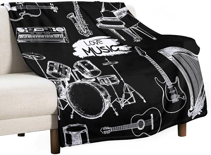 Music Blanket Drums Piano Guitar Black White Abstract Art Printed Soft Cozy Lightweight Throw Blanket for Kids Girls Boys Women Bedroom Living Room Dorm Chair Sofa Travel 40x50in