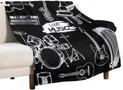 Music Blanket Drums Piano Guitar Black White Abstract Art Printed Soft Cozy Lightweight Throw Blanket for Kids Girls Boys Women Bedroom Living Room Dorm Chair Sofa Travel 40x50in