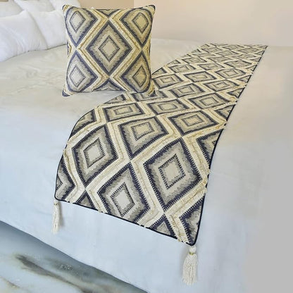 The HomeCentric King/Queen/Twin Blue Decorative CA King 86"x18" Bed Runner with 2 Pillow Cover, Lace & Moroccan Decor Bed Scarf on Jacquard Fabric - Akida