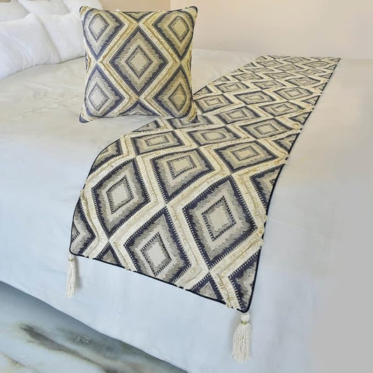 The HomeCentric King/Queen/Twin Blue Decorative Twin 53"x18" Bed Runner with 2 Pillow Cover, Lace & Moroccan Decor Bed Scarf on Jacquard Fabric - Akida