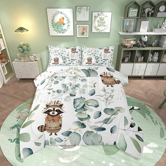 Erosebridal Cute Raccoon Toddler Size Comforter Set for Kids Child Green Eucalyptus Bedding Set, Woodland Animal Down Comforter Botanical Plant Leaves Bed Set, Cartoon Wildlife Quilted Duvet