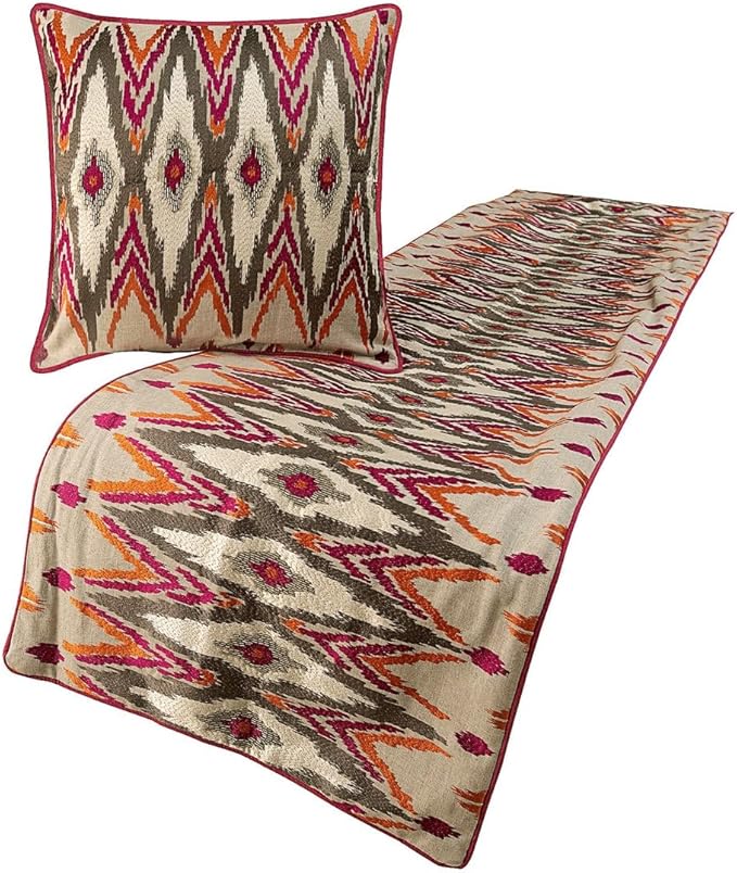 The HomeCentric King Queen Twin Multi Color & Pink Decorative King 90"x18" Bed Runner with Pillow Cover, Embroidered & Beaded Bed Scarf on Cotton Linen Fabric - My Ikat Love