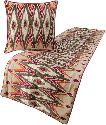 The HomeCentric King Queen Twin Multi Color & Pink Handmade Queen 74"x18" Bed Runner with 2 Pillow Cover, Embroidered & Beaded Bed Scarf on Cotton Linen Fabric - My Ikat Love