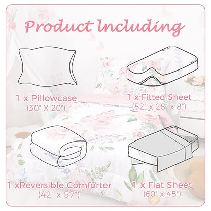 4 Piece Toddler Bedding Set for Girls, Butterfly Toddler Comforter Set, Ultra Soft Toddler Bed Set Includes Comforter, Flat Sheet, Fitted Sheet, Pillowcase (Pink Floral & Butterfly Pattern)