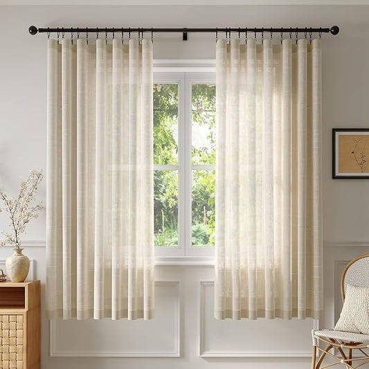 Anmao Natural Linen Curtains for Living Room 63 Inch Length 2 Panels Set, Light Filtering Semi Sheer Window Curtain Drapes for Bedroom with Curtain Rings and Clips, 52 Inch Wide Each Panel, Ecru