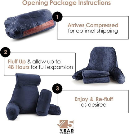 Nestl Reading Pillow with Shredded Memory Foam Includes 2 Neck and Lumber Support Pillows, Designed for Sitting Up in Bed and Couch, Back and Arms Adjustable Support for Adult & Teens, Navy Blue