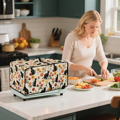 Black Cat Rose Daisy Floral Print Microwave Oven Cover with Storage Pockets Toaster Oven Dust Cover Universal Dustproof Kitchen Appliance Protector Suitable for Most Microwave Ovens, S