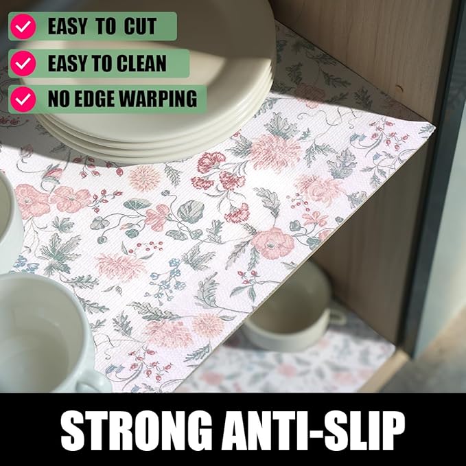 Floral Drawer and Shelf Liner for Cabinets, Non-Adhesive and Strong Non-Slip Shelf Cabinet Drawer Liners for Kitchen, Table,Bookshelves,Waterproof Cupboard Liners,Easy to Clean,12IN x 10FT